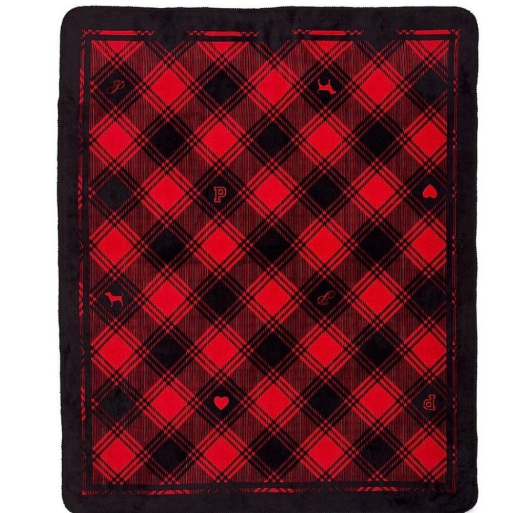 PINK Victoria's Secret Cozy Red Black Plaid Fleece Blanket